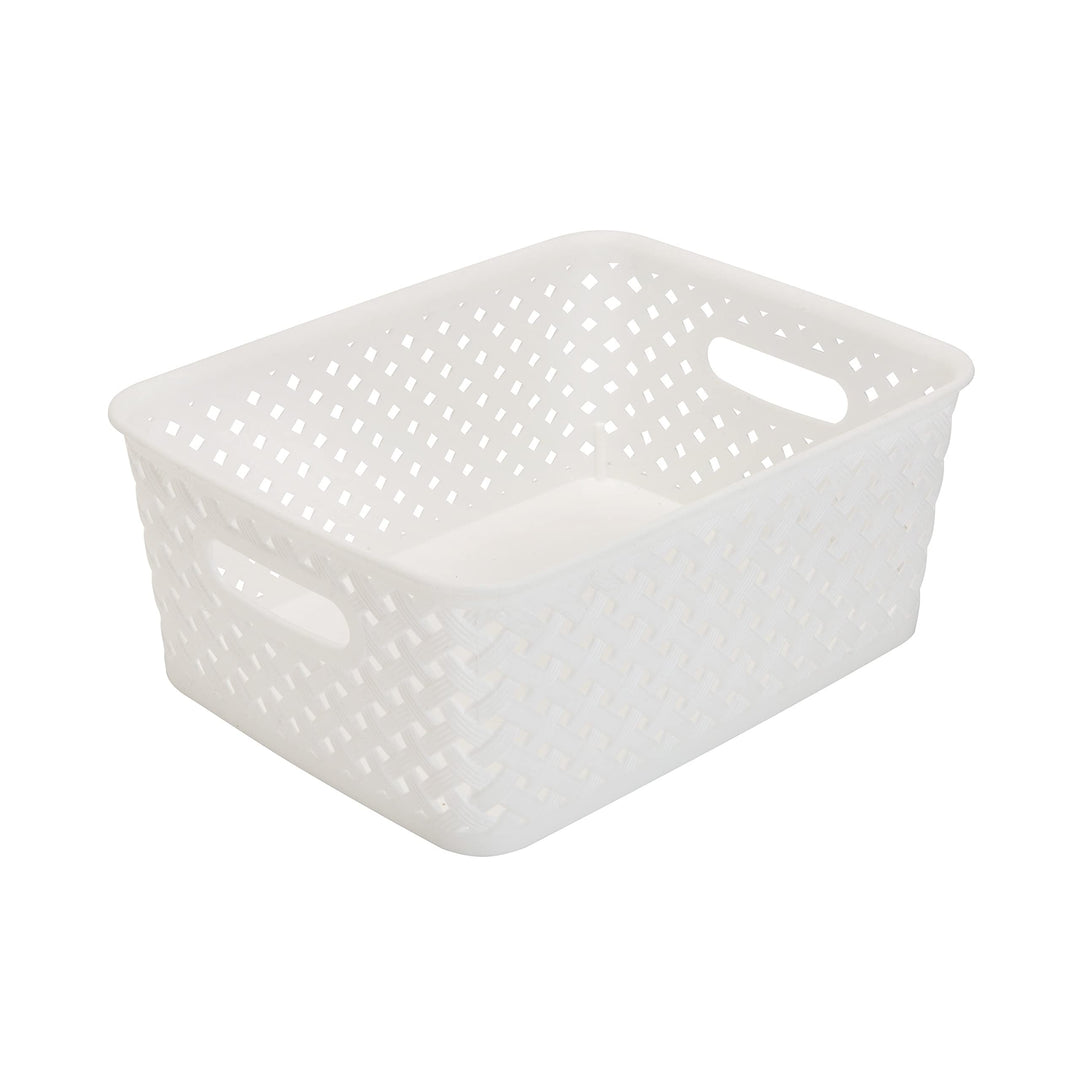 Small White Resin Wicker Storage Bin 10"x8"x4" Plastic Textured No Tools