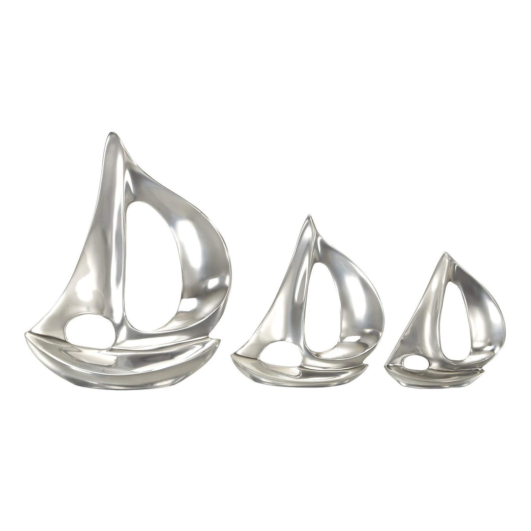 3-Piece Silvertone Sailboat Sculpture Set Silver Metal - Diamond Home USA