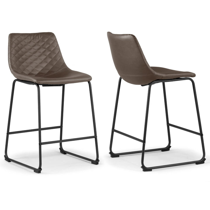 Set of 2 Ave Iron Frame Brown Leather Counter Stool W' Stitching Modern