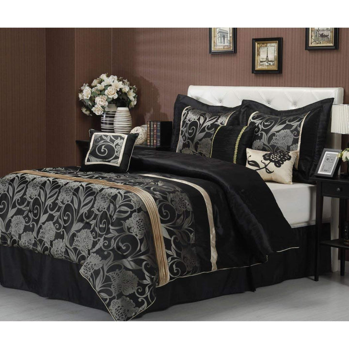 TL 7 Piece Silver Black Jacquard Flower Pattern Comforter Set Queen Dark Black Black/Silver - Queen