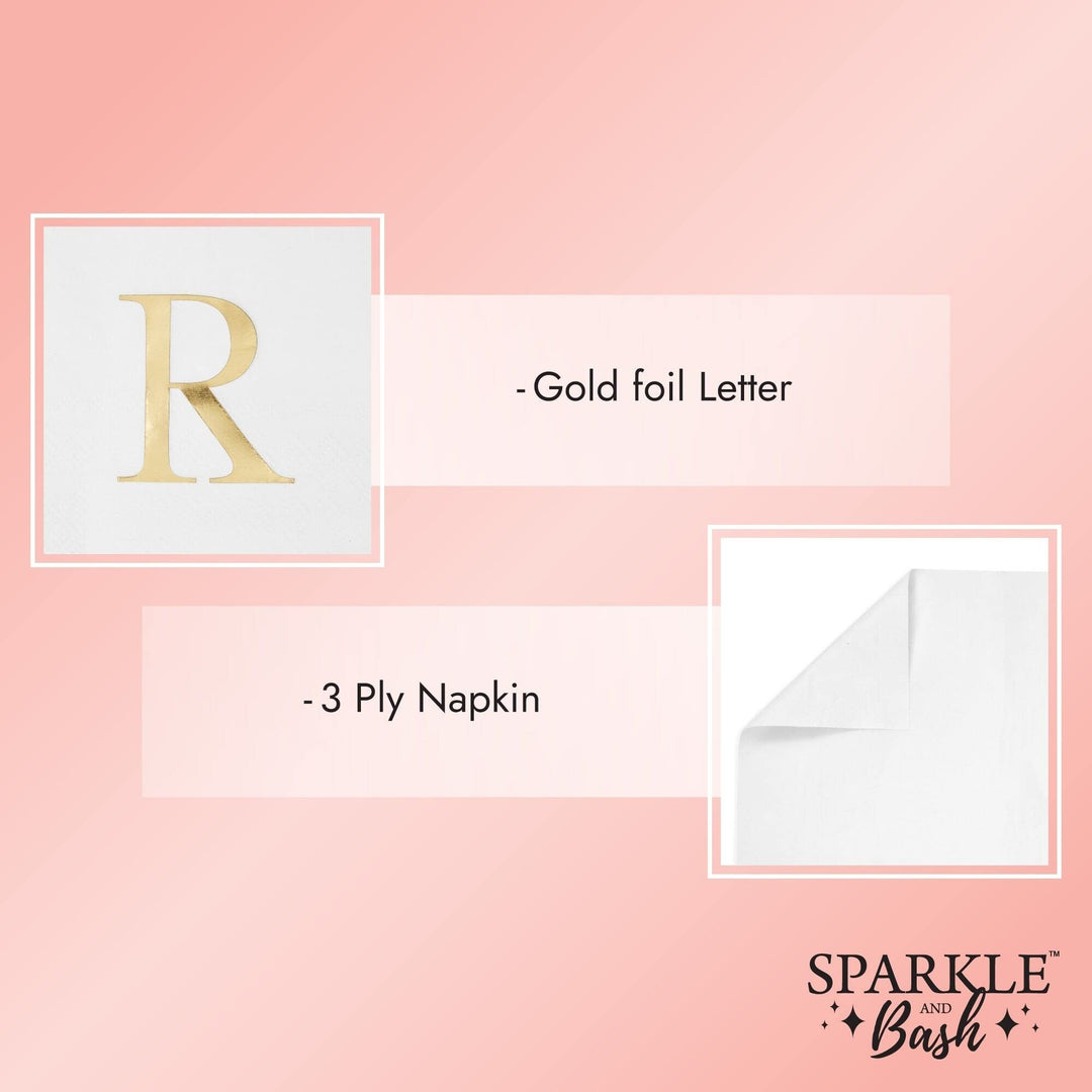 Pack Gold Foil Initial Letter R White Monogrammed Paper Napkins For Wedding