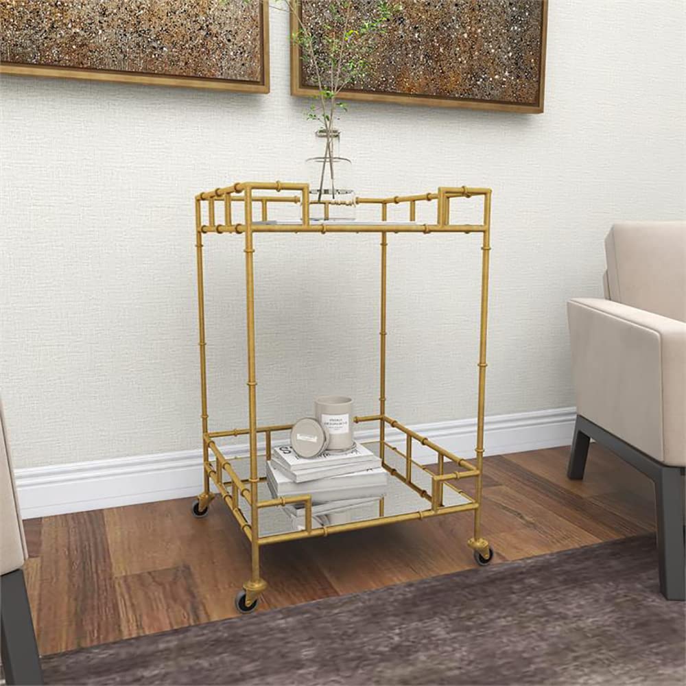 Urban Designs 7727556 Gold Leaf 2-Shelf Square Metal Mirror Mobile bar Cart Gold