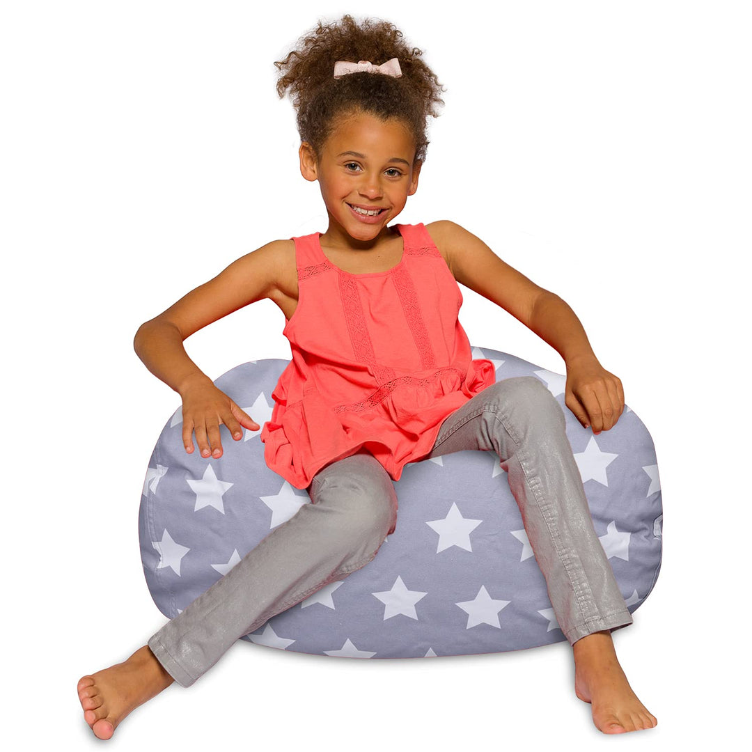 Posh Creations Bean Bag Chair for Kids Teens and Adults Includes Removable and 27 Inches Medium - Canvas White Stars on Gray