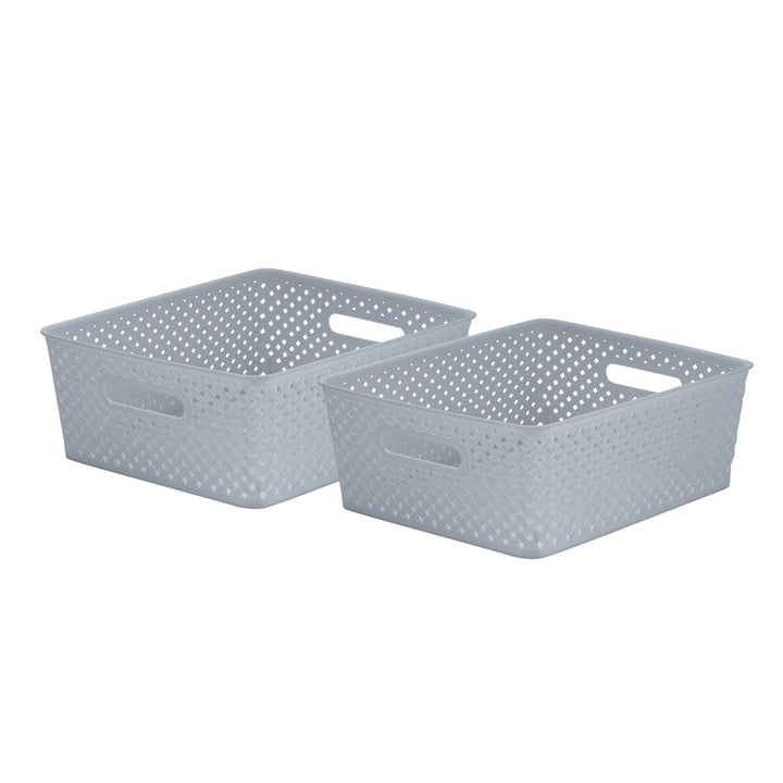 2 Pack Medium Resin Wicker Storage Bin in Grey 13.78" X 11.42" 5.12" Modern