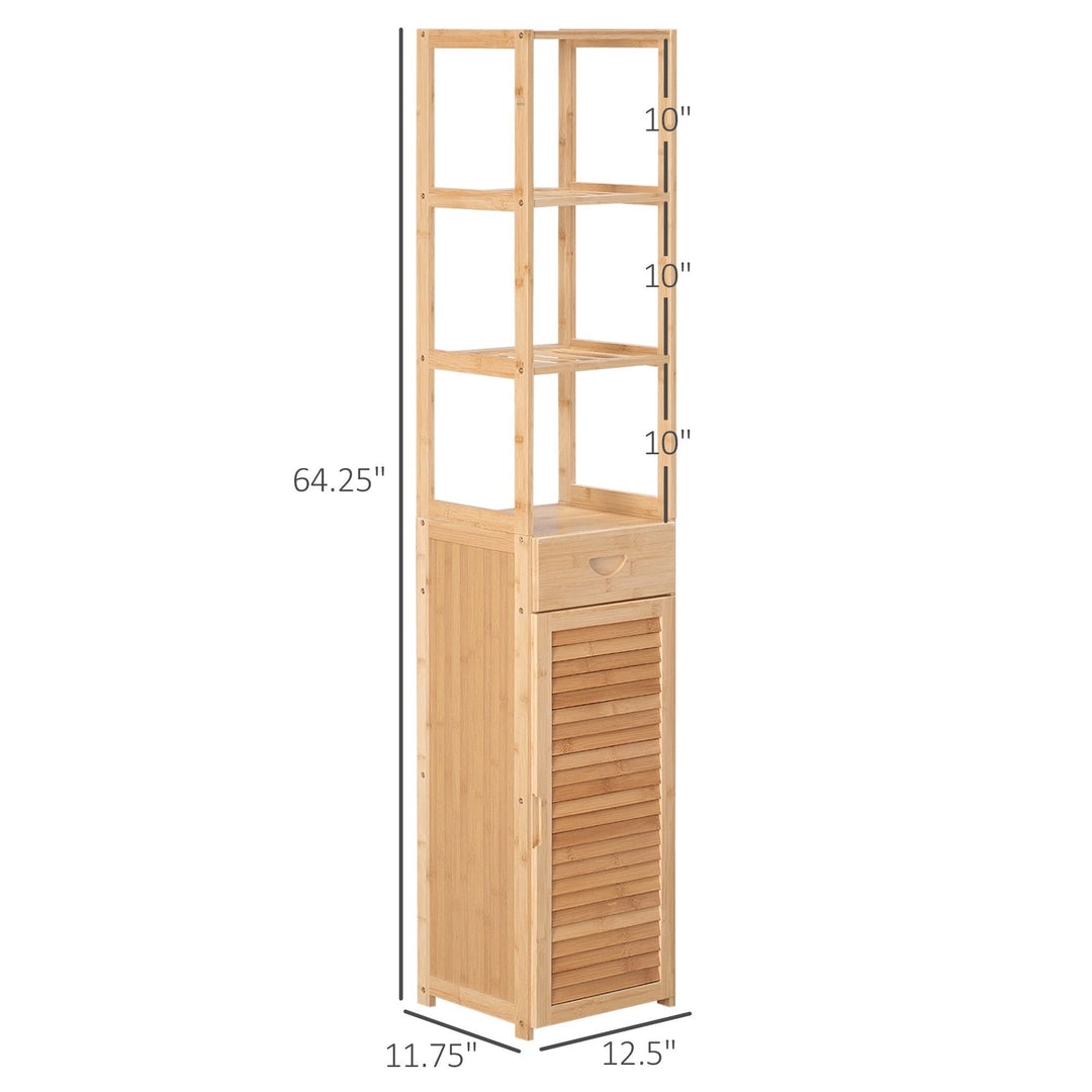 Tall Bathroom Cabinet with Drawer and Slatted Shelves Slim Bamboo Linen Tower