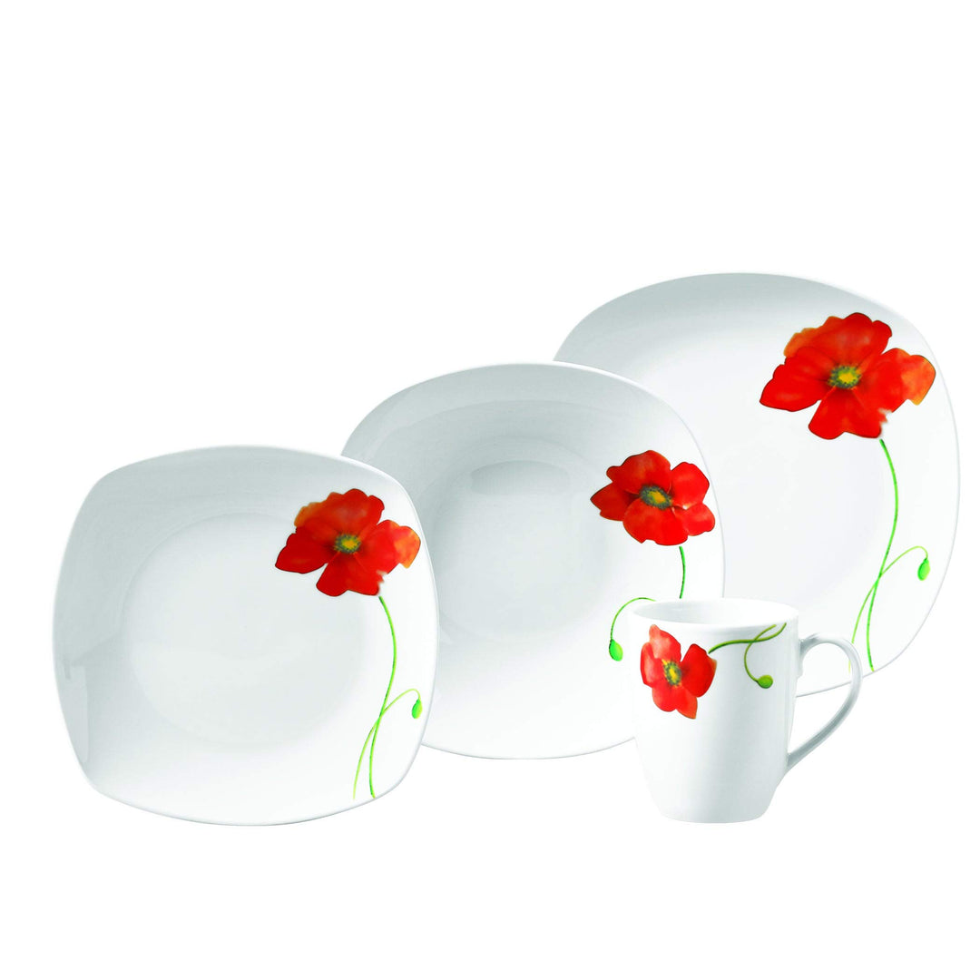 Poppy 16pc Soft Square Porcelain Dinnerware Set White Floral 16 Piece Dishwasher