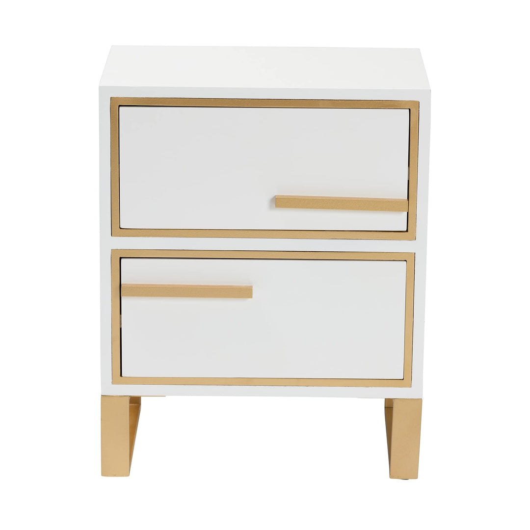 Contemporary Glam and White Finished Wood Gold Metal 2-Drawer Nightstand