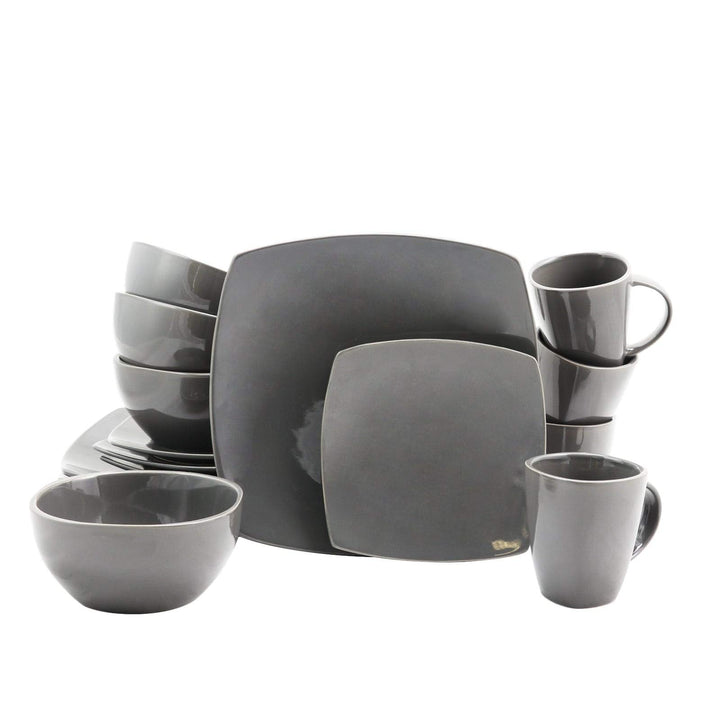 Soho Lounge 16-iece Square Dinnerware Set Gray Grey Solid Casual Stoneware 16