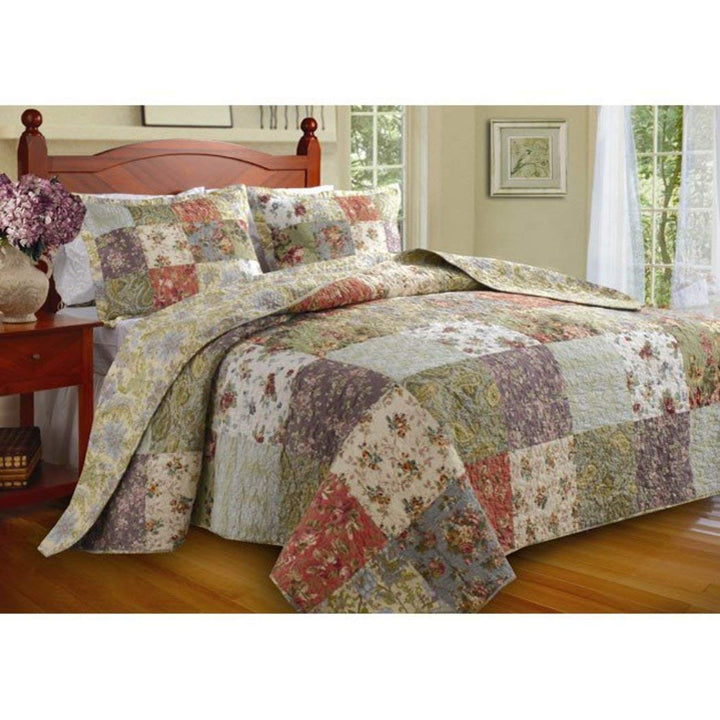 3 Piece Oversized Green Purple Patchwork Bedspread Queen Set Quilted French