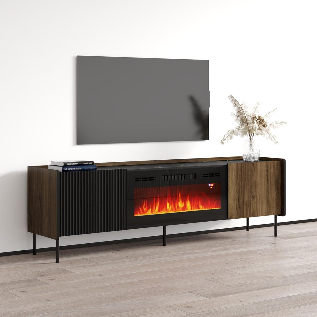 Fireplace Tv Stand Brown Mid-Century Modern Contemporary MDF Matte Includes