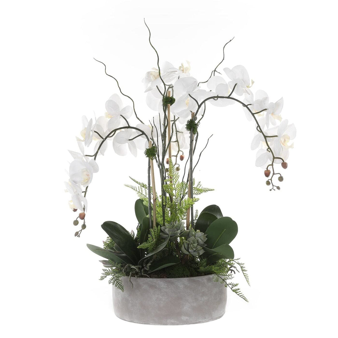 Real Touch Orchid Flower Arrangement in Stone Cement Pot White Handmade