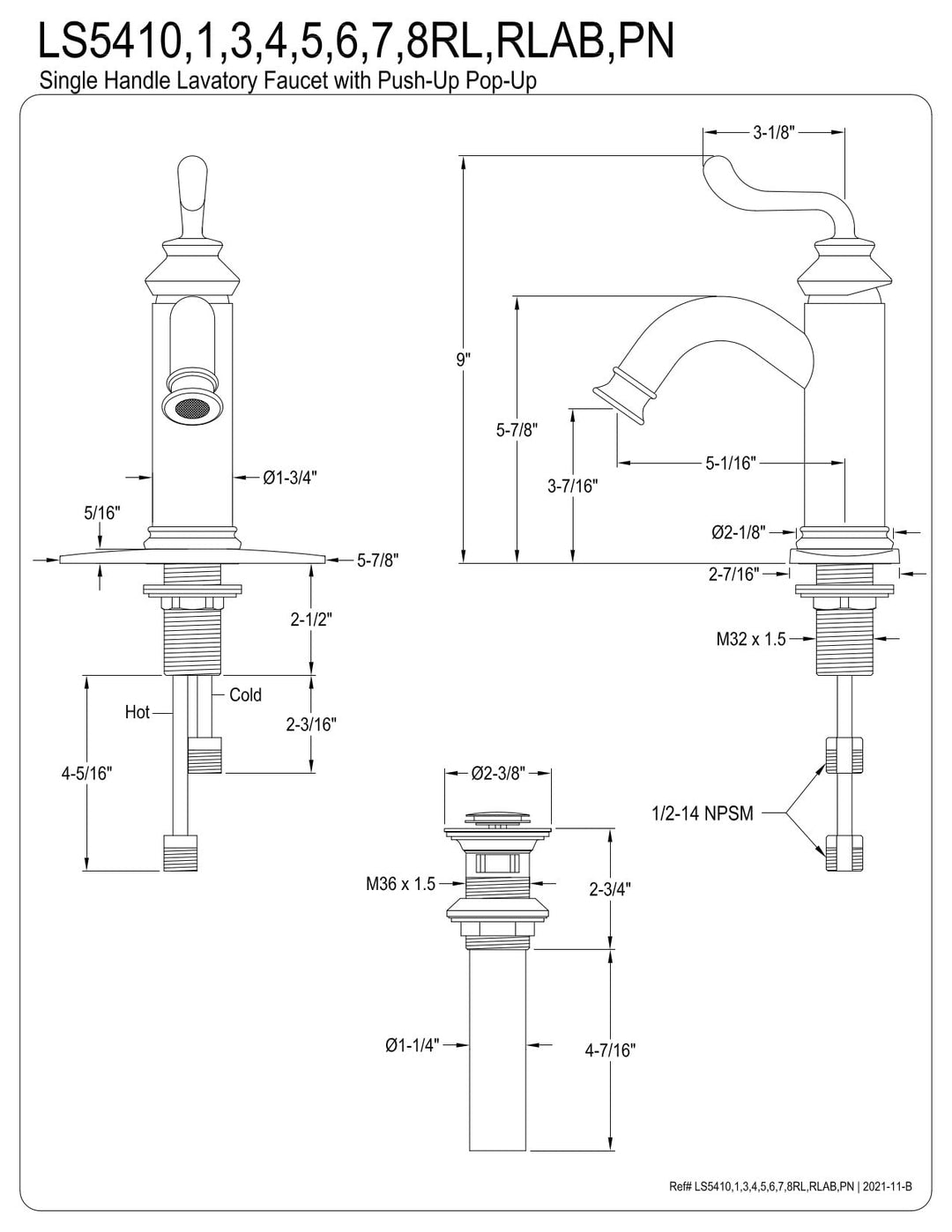 Kingston Brass LS5411RL Royale Bathroom Faucet 5-1/16" Spout Reach Polished