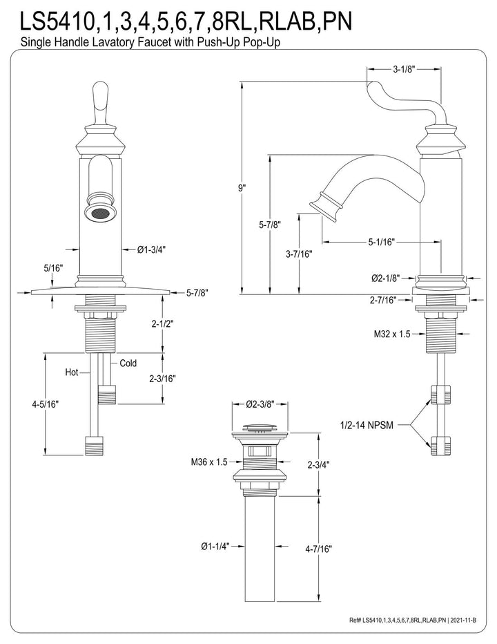 Kingston Brass LS5411RL Royale Bathroom Faucet 5-1/16" Spout Reach Polished