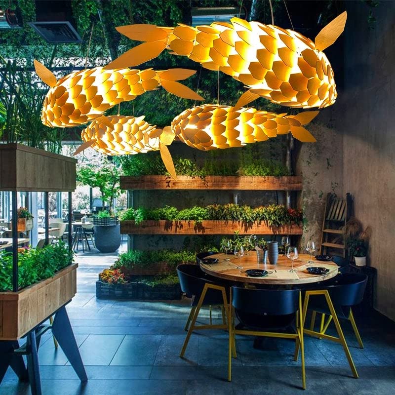 Light Lantern Fish Shaped Handmade Wood Ceiling Lamp 23.6x9.8in Yellow Modern