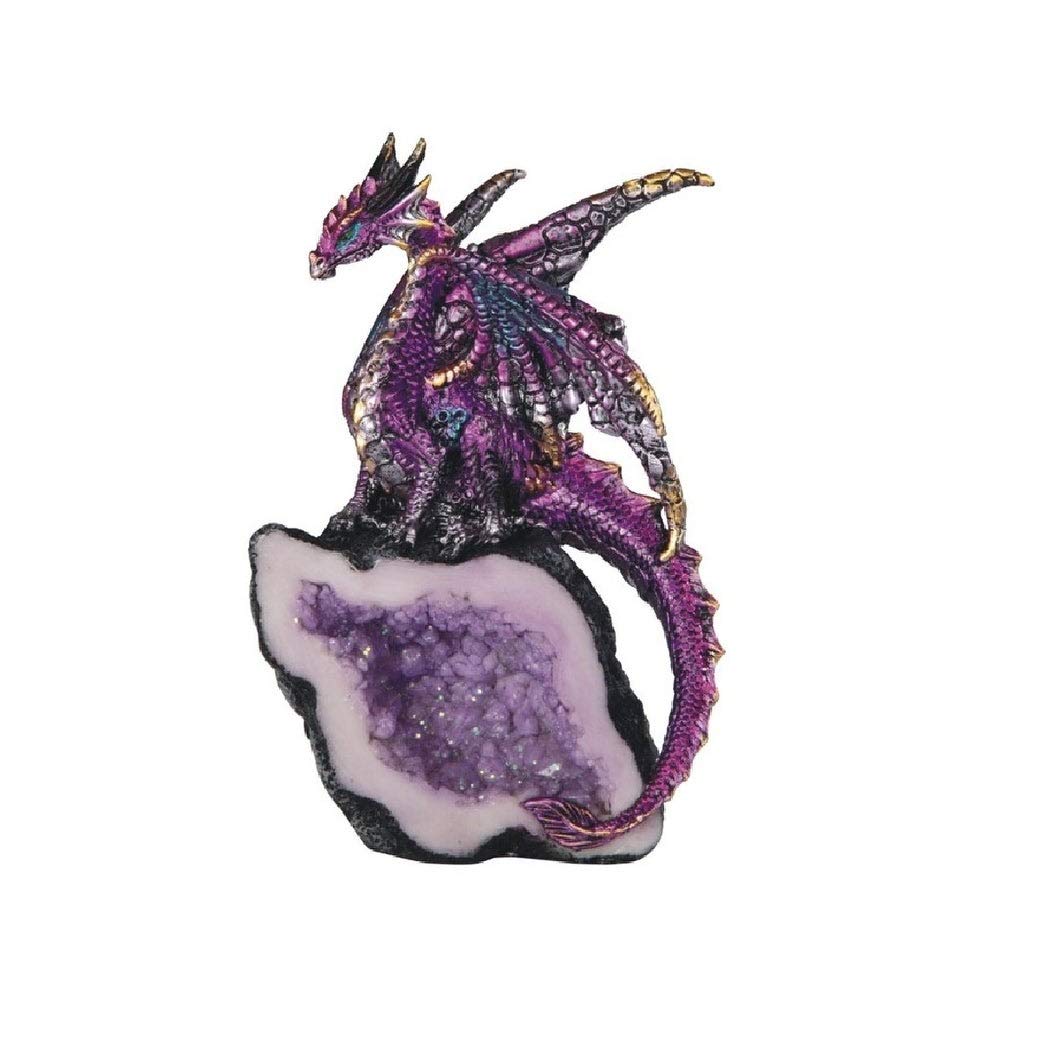 5.5" h Purple Dragon Guarding Crystal Cave Statue Fantasy Decoration Figurine