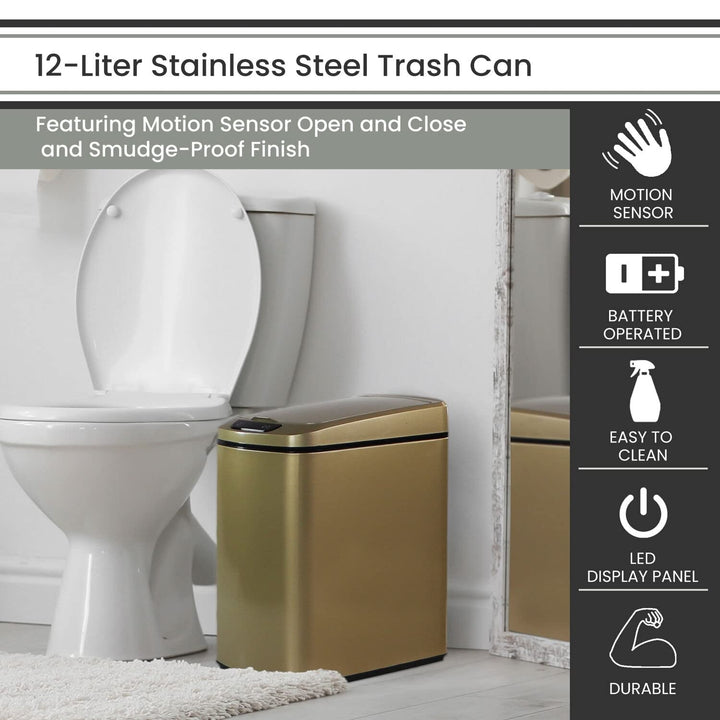 12-Liter / 3.2-Gallon Trash Can with Sensor Lid in Gold Rectangle Stainless - Diamond Home USA