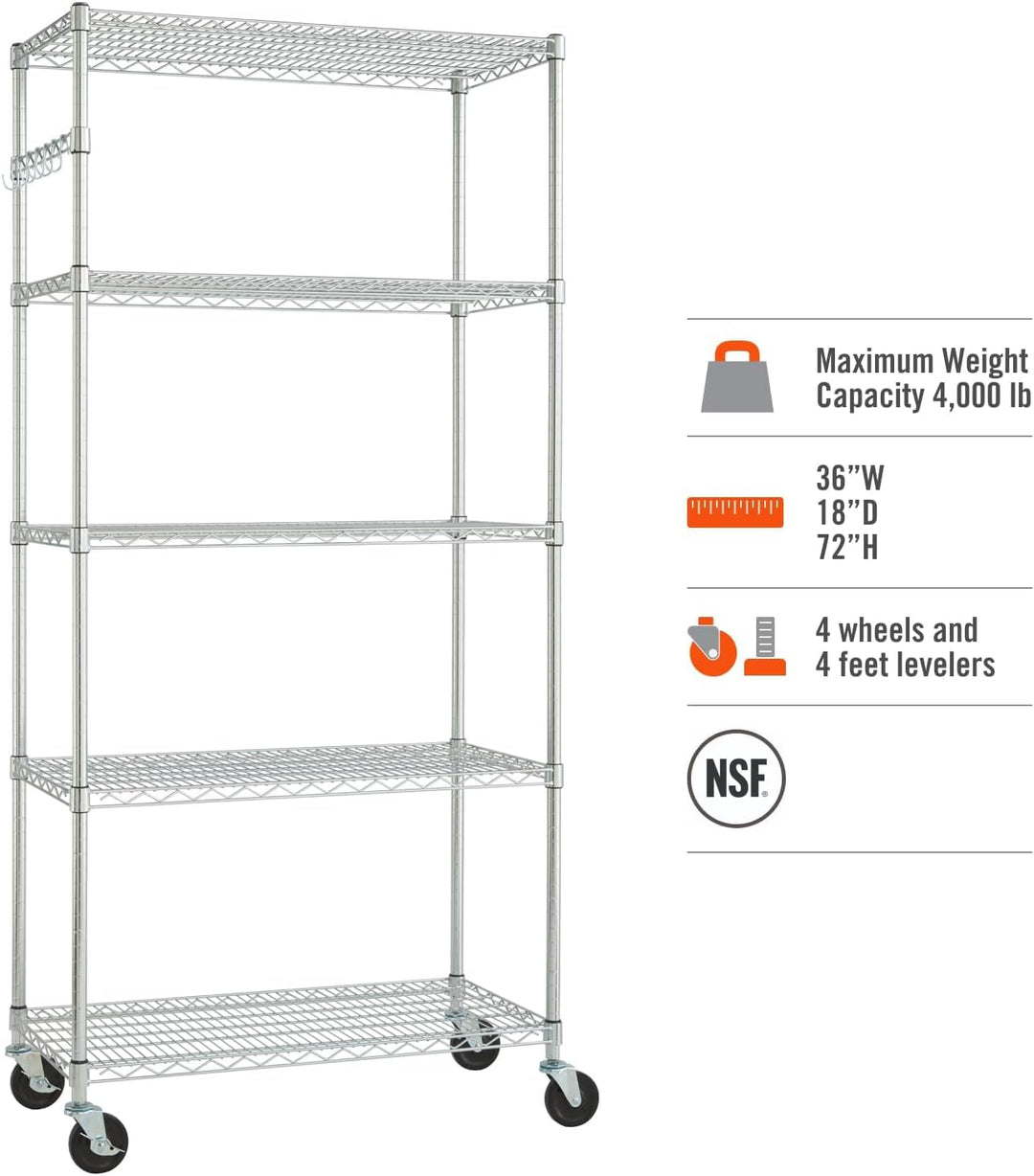 TRINITY Ecoorage Heavy Duty 5-Tier Adjustable Wire Shelving with Wheels and