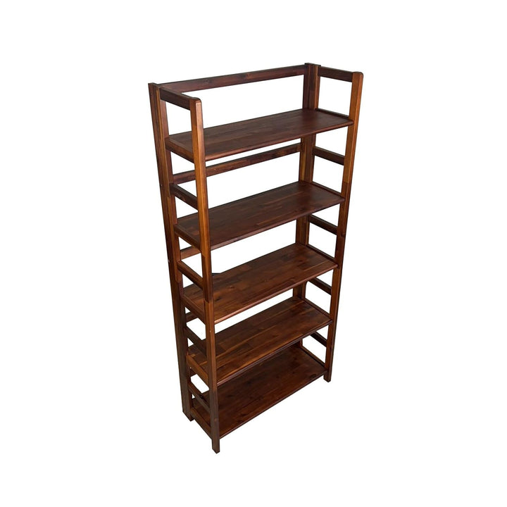 Solid Acacia 5 Tier Folding Bookcase Brown Mid-Century Modern Contemporary Mahogany