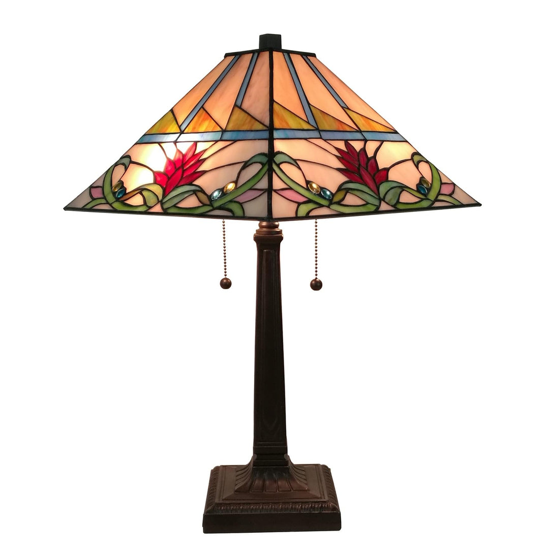 Tiffany Style Table Lamp Banker Mission 22" Tall Stained Glass Tan Green Blue