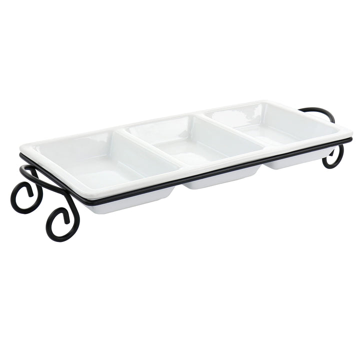 3 Section Serving Tray with Wire Holder White Rectangle Porcelain Dishwasher