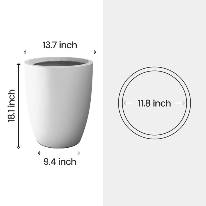 18" H Solid White Concrete Round Flower Pot Modern Planter with Drainage Hole