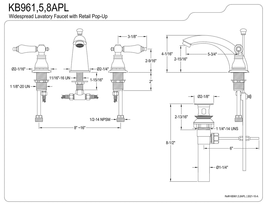 Kingston Brass KB968APL American Patriot Widespread Bathroom Faucet 5-3/4" Brushed Nickel