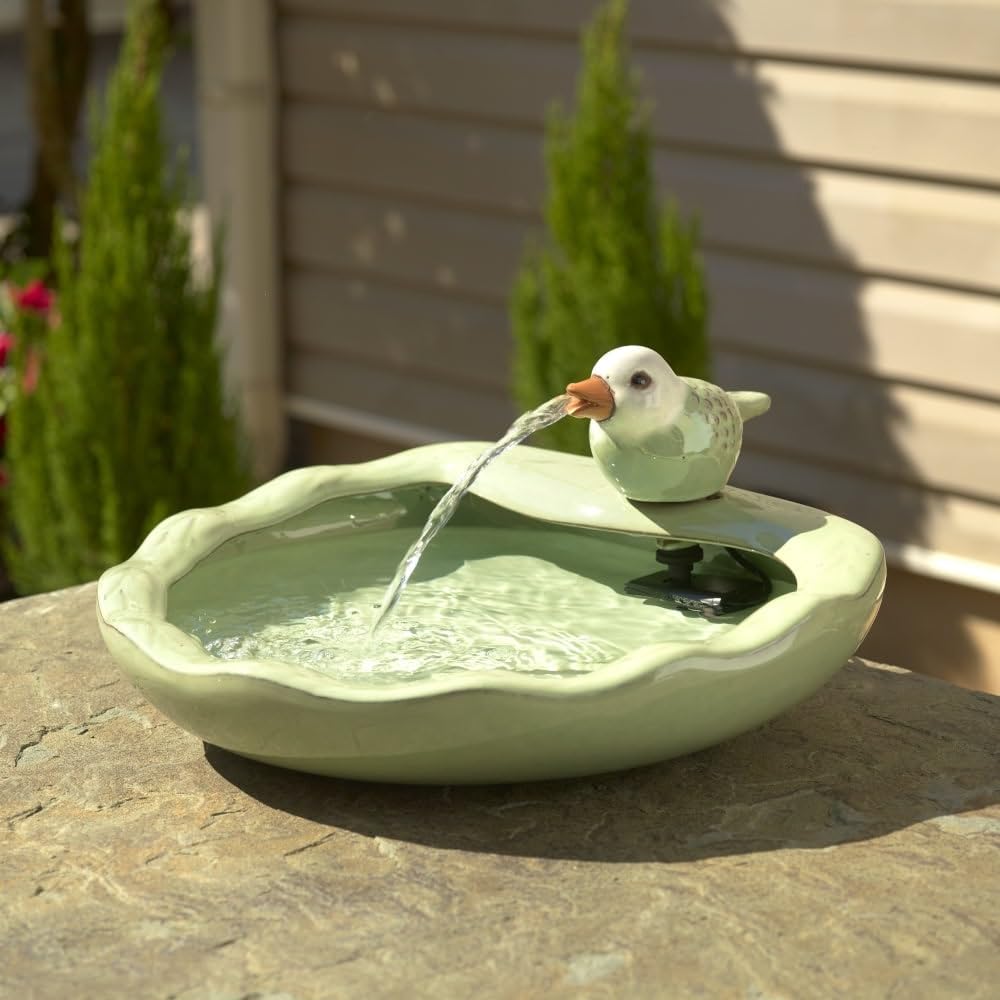 Ceramic Bird Solar Fountain- Light Green Traditional