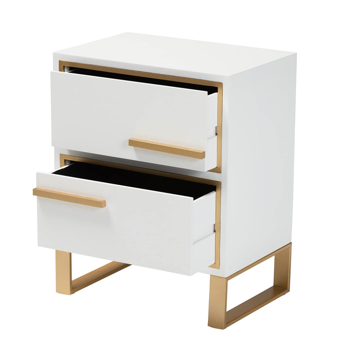 Contemporary Glam and White Finished Wood Gold Metal 2-Drawer Nightstand