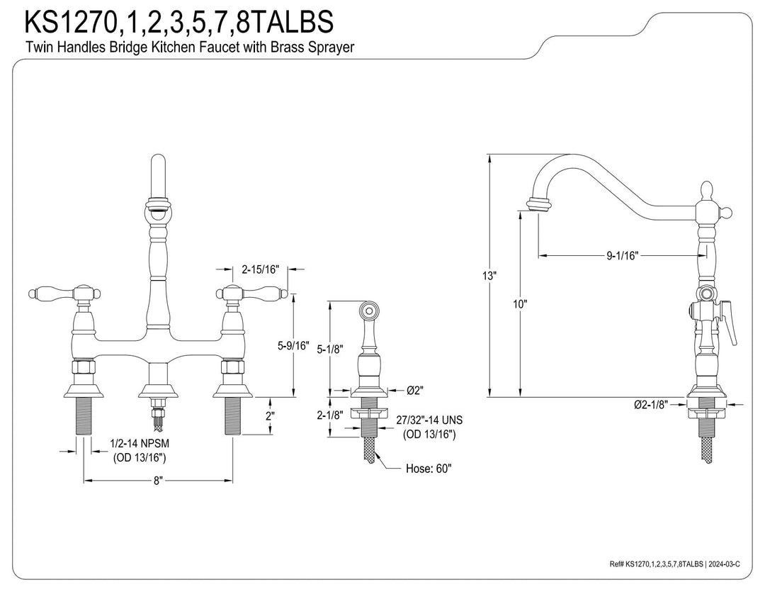 Kingston Brass KS1278TALBS Tudor 8 Inch Center Kitchen Faucet With Brass Sprayer Brushed Nickel