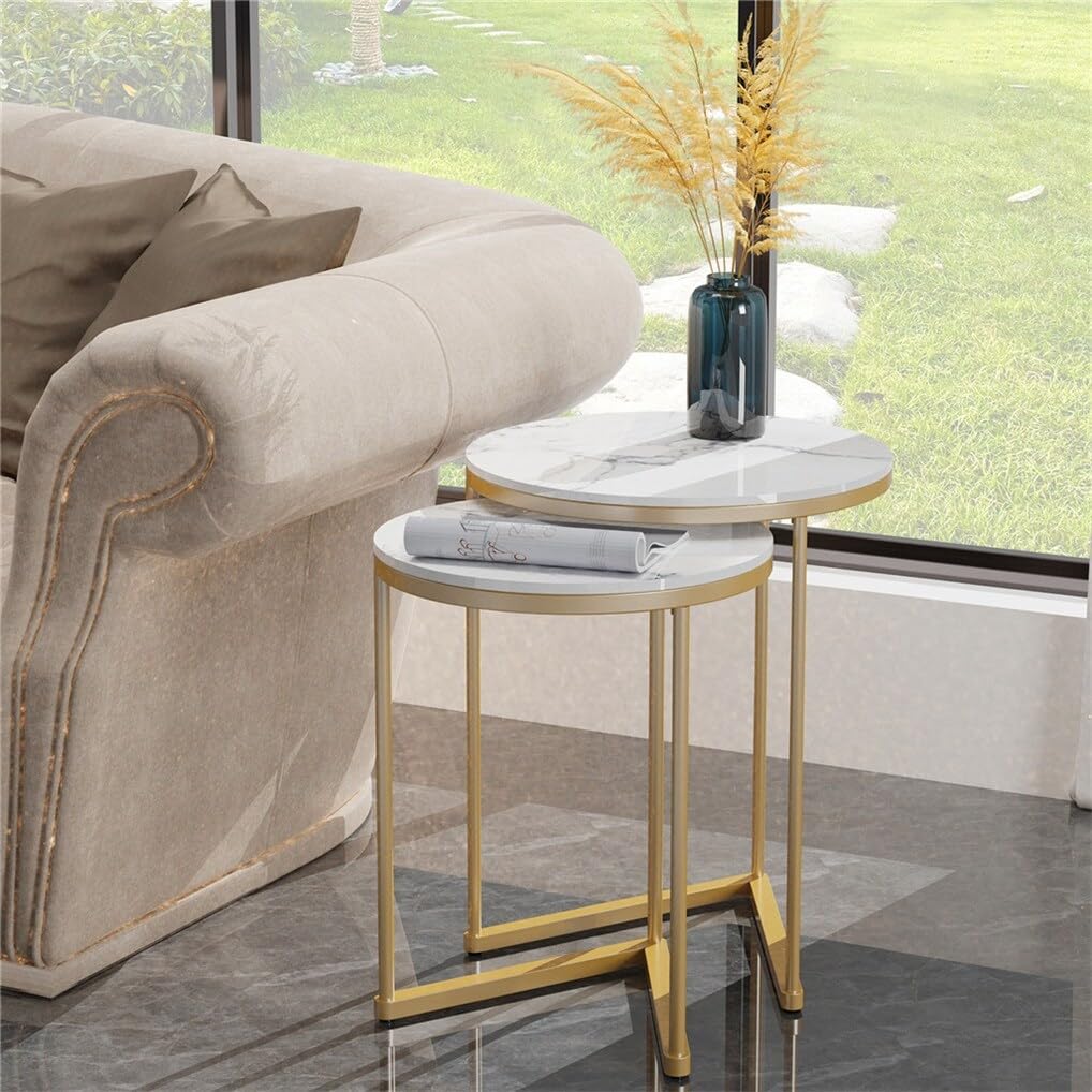 Modern Marble and Gold Metal Frame Nesting Tables (Set of 2) Contemporary