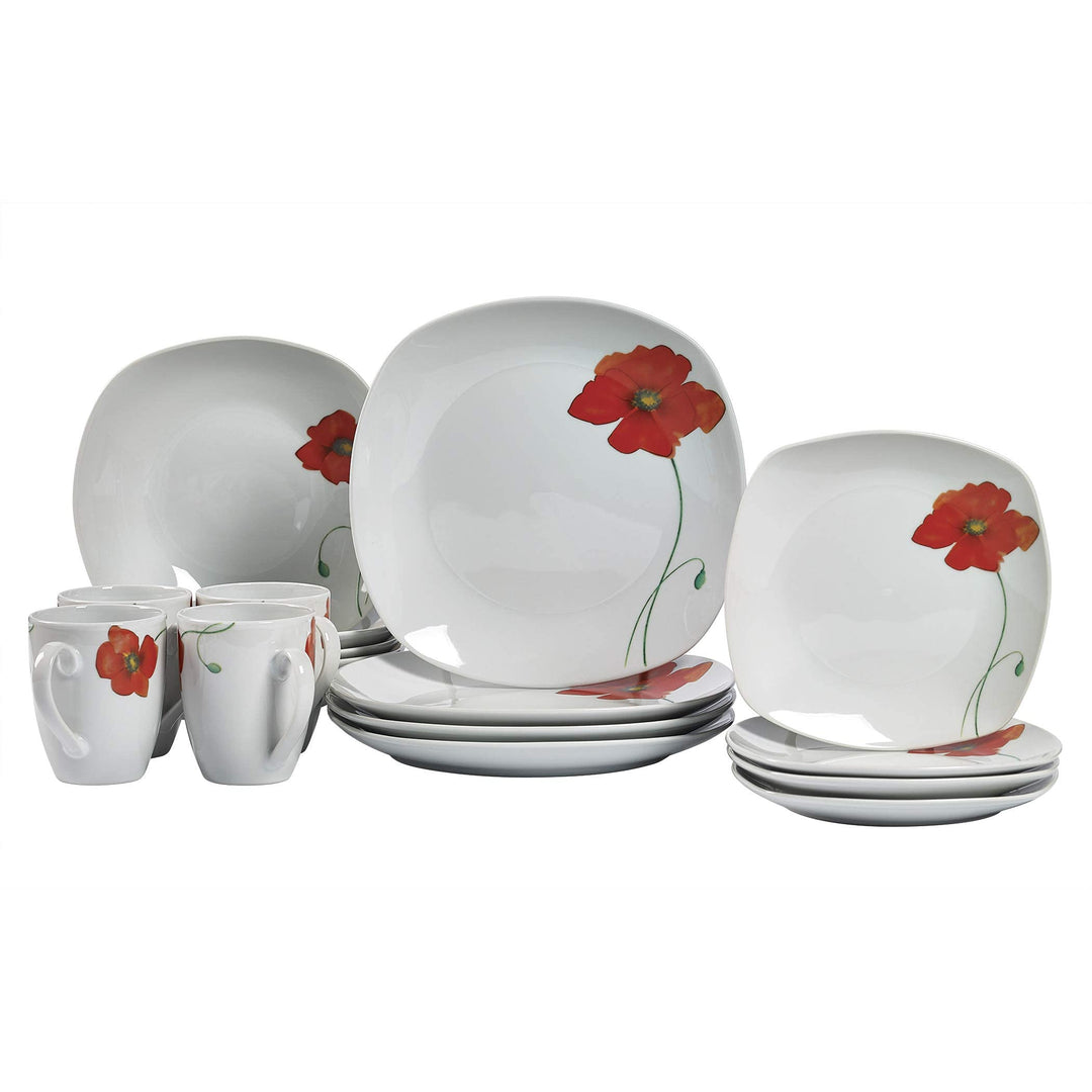 Tabletops Gallery Poppy - 16 Piece Square Dinnerware Set Service of 4