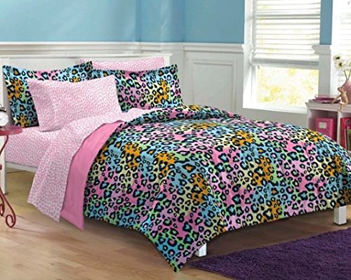 D&H 5 Piece Girls Teen Rainbow Leopard Themed Comforter Twin XL Set All Over