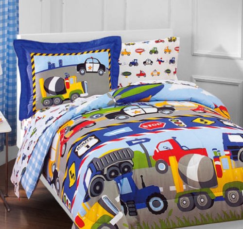 Construction Trucks Police Cars Tractors Boys Twin Comforter Set (5 Piece