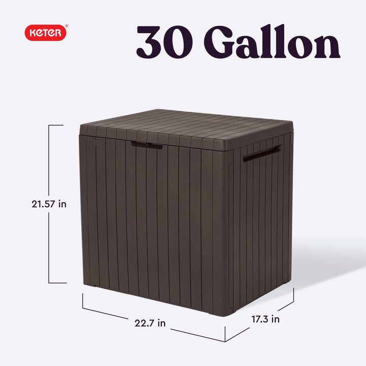 Keter City 30 Gallon Resin Deck Box for Patio Furniture Pool Accessories and Brown