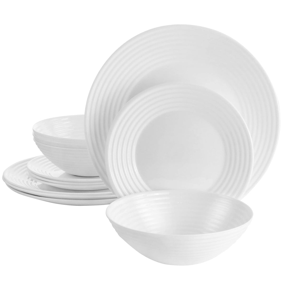 12 Piece Tempered Opal Glass Dinnerware Set White Solid Traditional Round