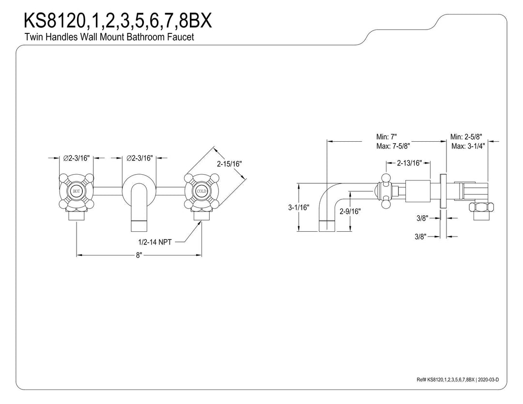 Kingston Brass KS8123BX Metropolitan 2-Handle 8 in. Wall Mount Bathroom Faucet