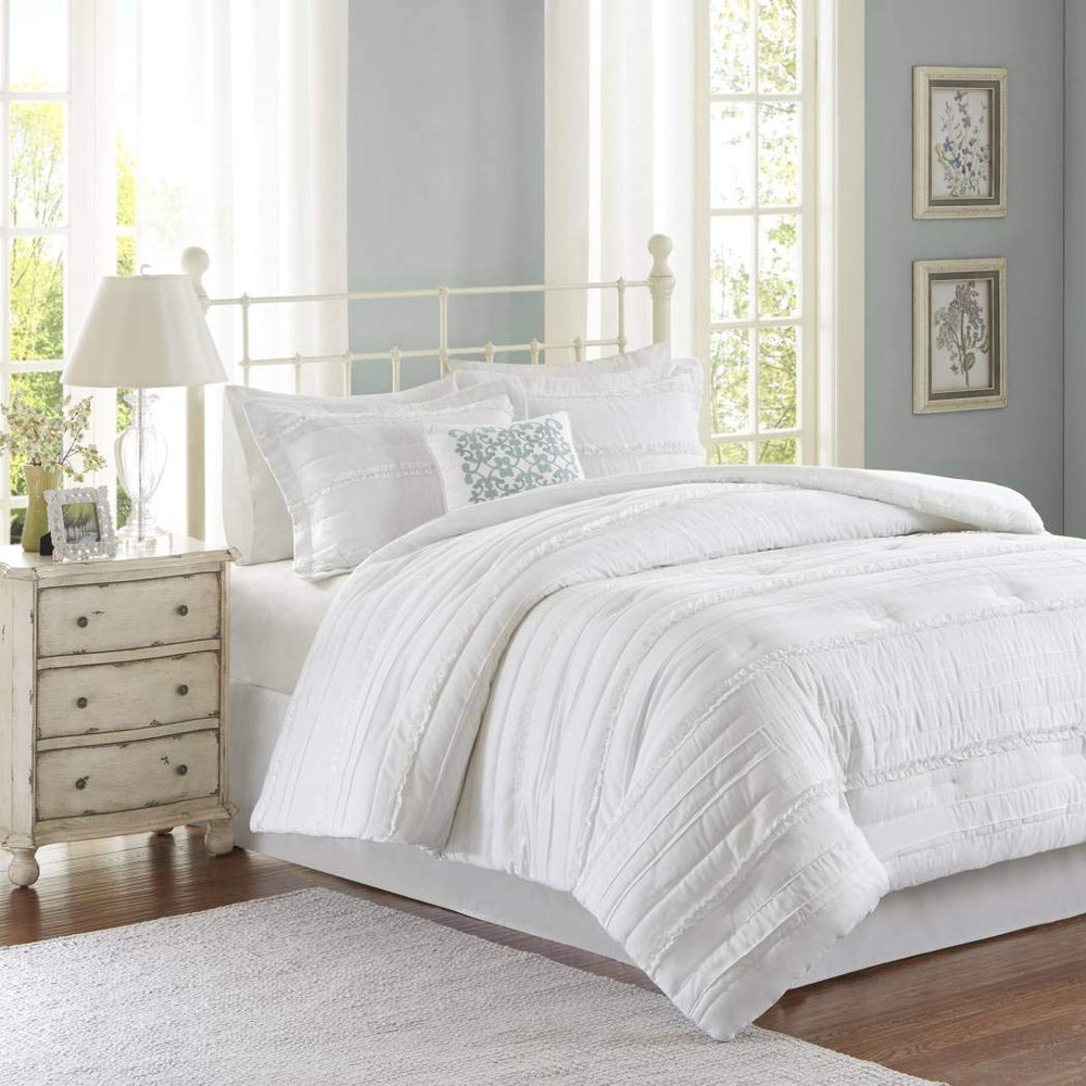 5 Piece White Solid Ruffled Stripes Pattern Comforter Cal-King Set Beautiful - Diamond Home USA