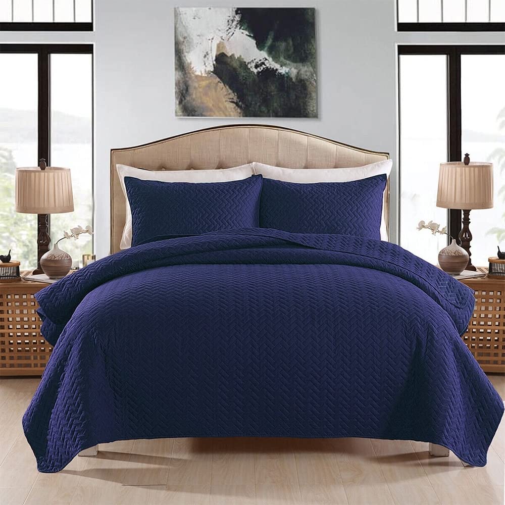 Embossed Reversible Bedspread Coverlet Queen Navy Blue Solid Color Modern