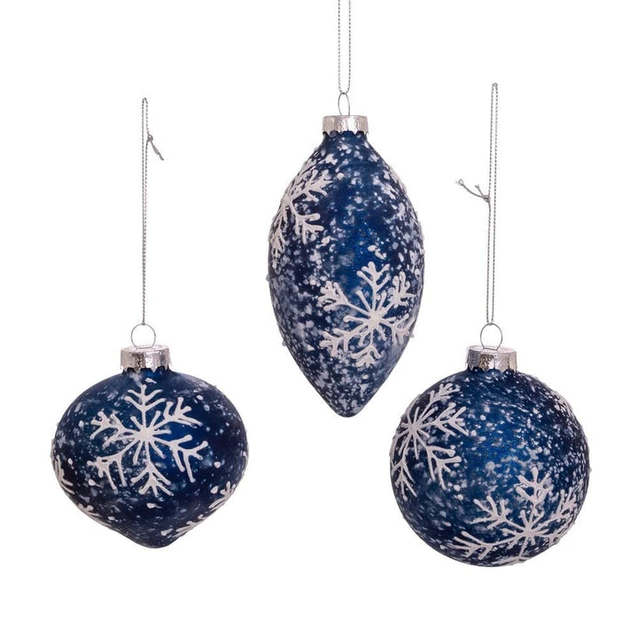 80mm Glass Ball Onion and Teardrop Ornaments with Snowflake 3-Piece Set Blue