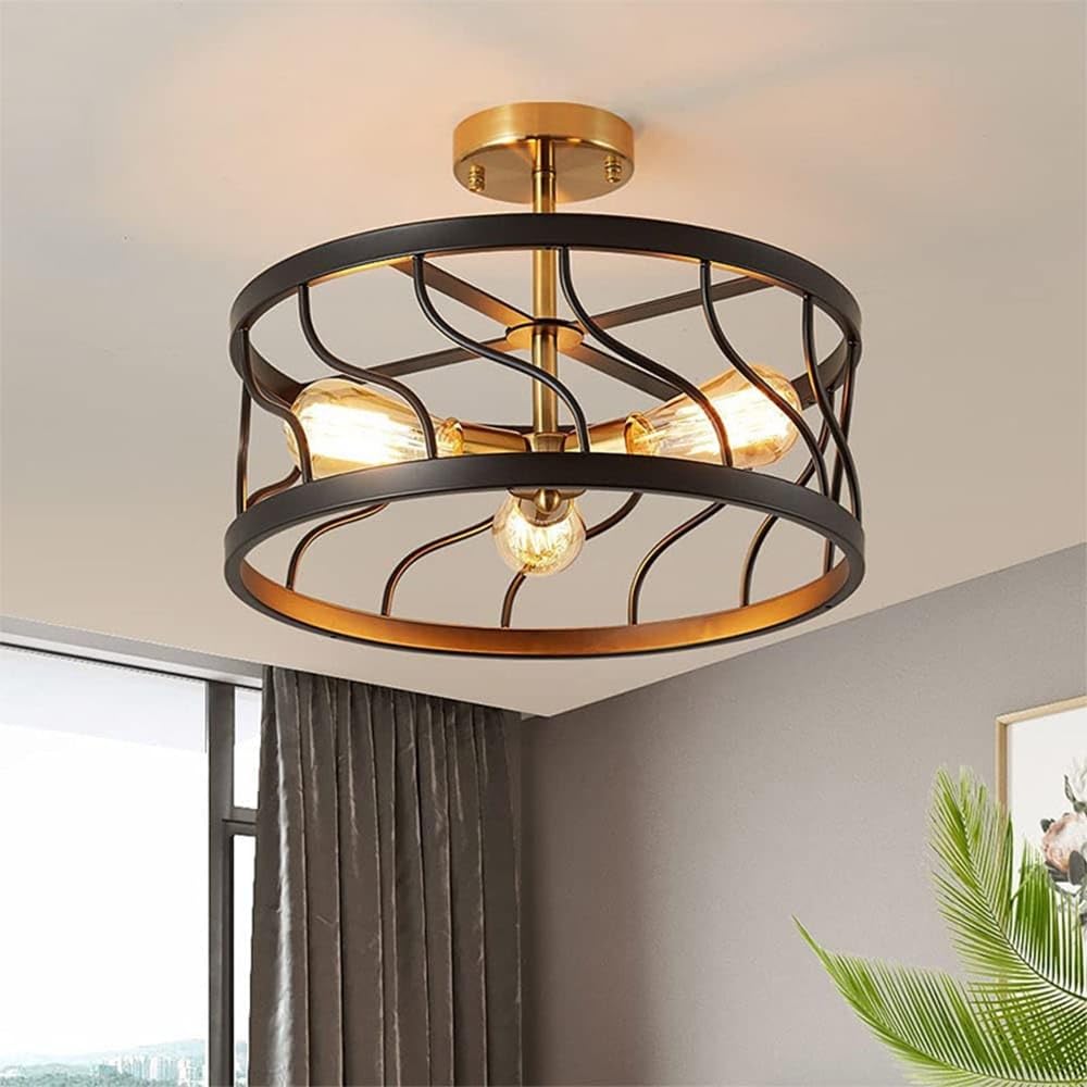 16.5 in. 3-light Black and Gold Drum Metal Semi-recessed Ceiling Light Modern