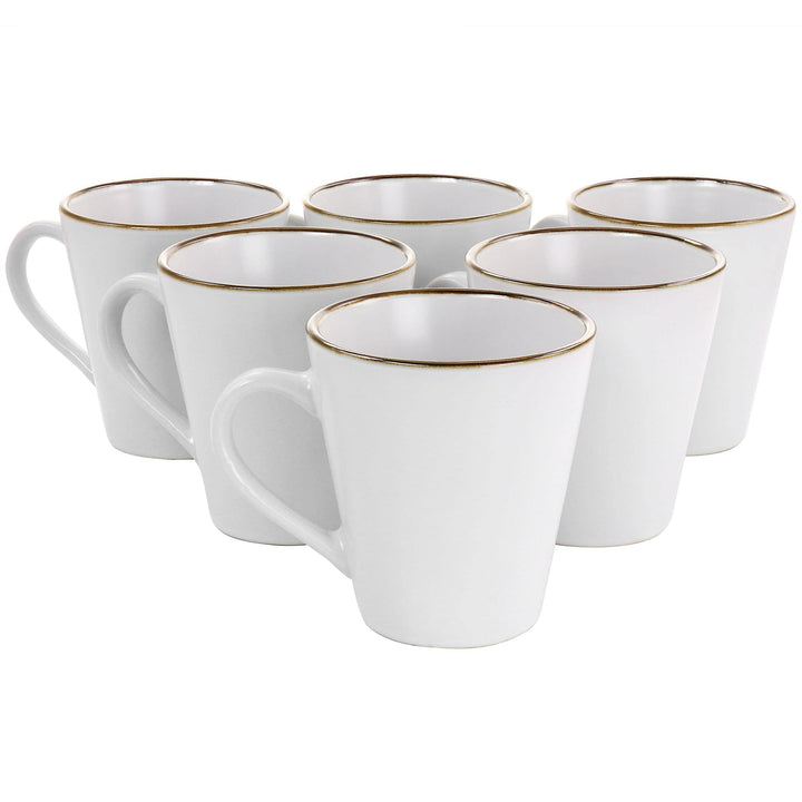 6 Piece Stoneware Mug Set In Matte White With Gold Rim Solid Modern Contemporary