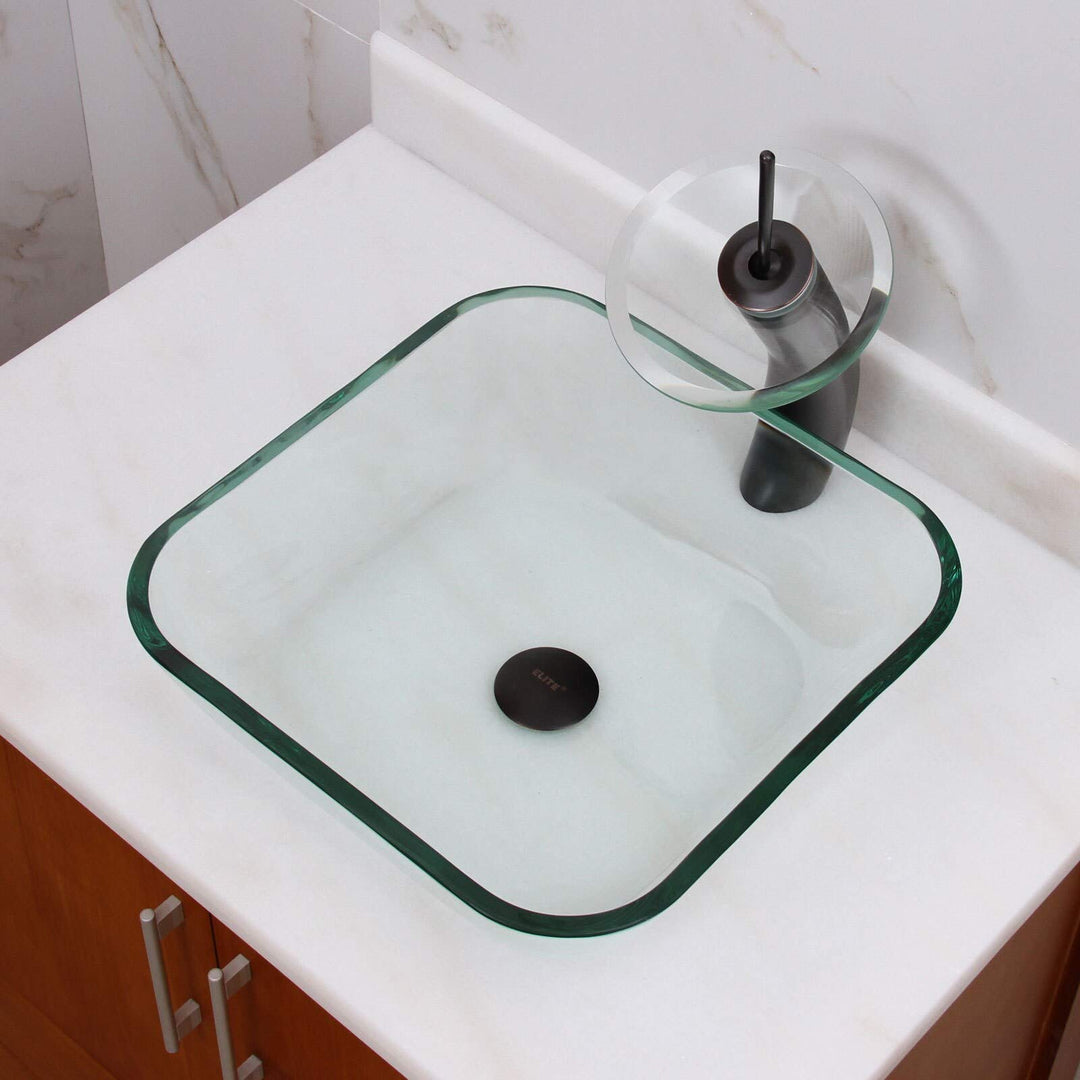 Transparent Square Tempered Glass Bathroom Vessel Sink Clear