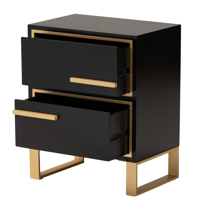 Contemporary Glam and Black Finished Wood Gold Metal 2-Drawer Nightstand MDF