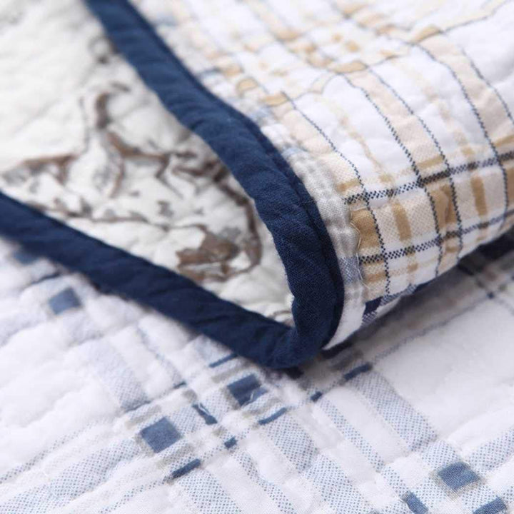 MI 2 Piece Blue White Plaid Kids Twin Quilt Set Cabin Lodge Stripe Theme Bedding