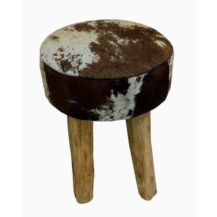 Round Stool in Brown White w Hide with Wood Legs Multi lor Rustic Pattern