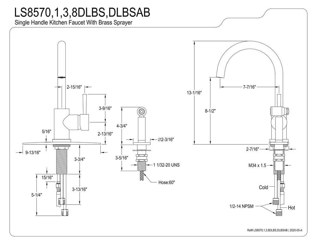 Kingston Brass LS8578DLBS Concord Single-Handle Kitchen Faucet with Brass Brushed Nickel