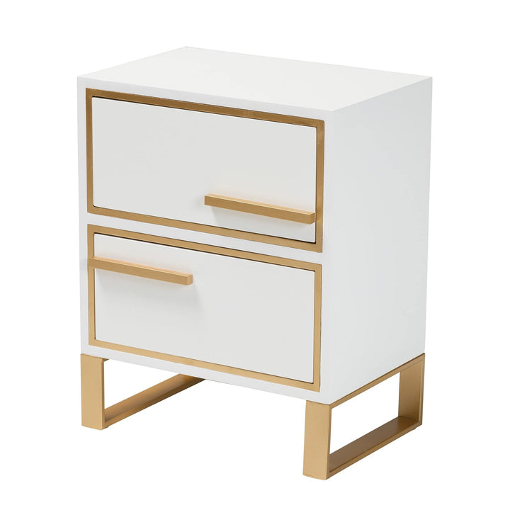 Contemporary Glam and White Finished Wood Gold Metal 2-Drawer Nightstand