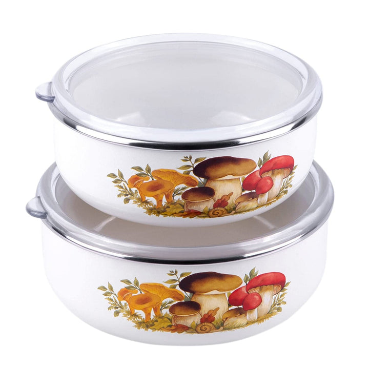 Set Of 2 Mushrooms Enamel Storage Bowl W/Lid Multi Color White Garden Piece