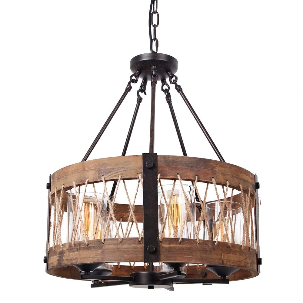 Farmhouse 5-light Chandelier Vintage Hanging Light Round Wood Lighting Fixture