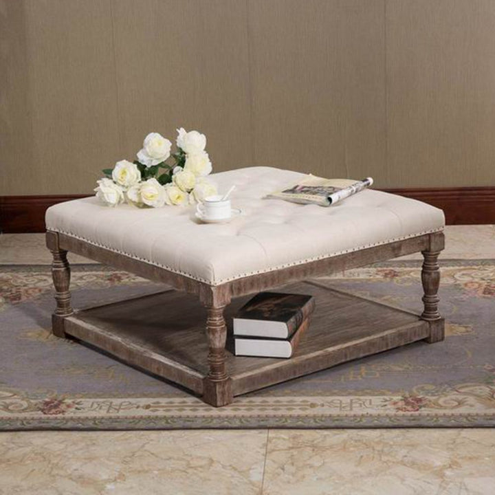 Warehouse of Tiffany Cairona 34" Shelved Ottoman in Cream Tufted Fabric (EL1668) Beige Top/Natural Wood